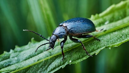 Black beetle on leaves and grass macro photography