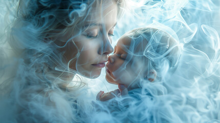 An AI generative image of mother showing love to her baby with smoke effect.