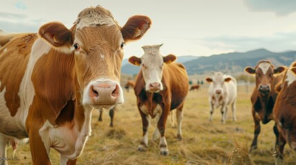 Nature, animals, and cows on a rural farm for eco-friendly agriculture. Meat, dairy, and beef cattle herds in grass fields are sustainable.