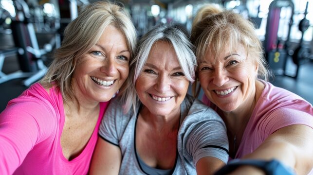 Fitness selfies with friends and older women for nice memories. Sports, smiling, and retired women posting social media photos after workouts.