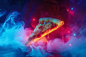 A slice of pizza captured in a moment of serenity, with a soft, emotive glow of cyan, red, 