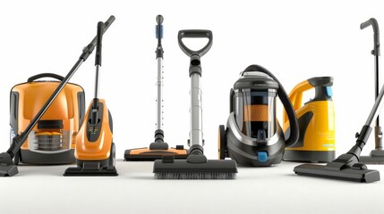 A set of housekeeping equipment including vacuums, mops, and cleaning solutions, set against a clean white background.