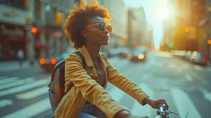 Black woman with afro hair, wearing glasses, jacket and backpack on bicycle, cycling through the...