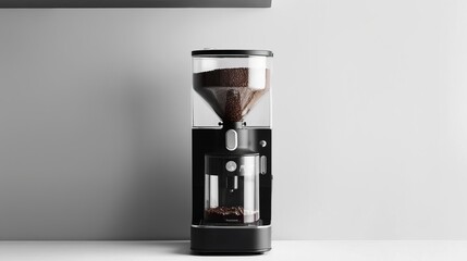 A sleek electric coffee grinder with a clear hopper, showing freshly ground coffee, on a plain white background.