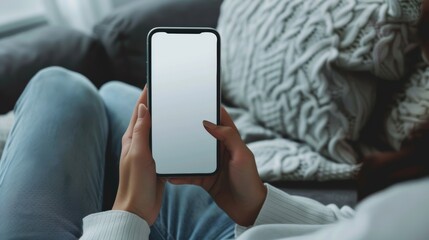 Rear view shot of young woman holding mobile phone in her hand while relaxing on the sofa.
