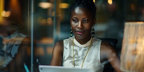 Technological businesswoman typing nightly to fulfill deadline, kpi target, and overtime using laptop and tablet. Black woman, corporate focus, timetable, and overtime. - obrazy, fototapety, plakaty