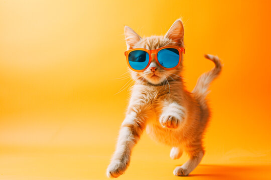 Playful Siamese Orange Cat with Purple Aviator Glasses on Matching Orange Background