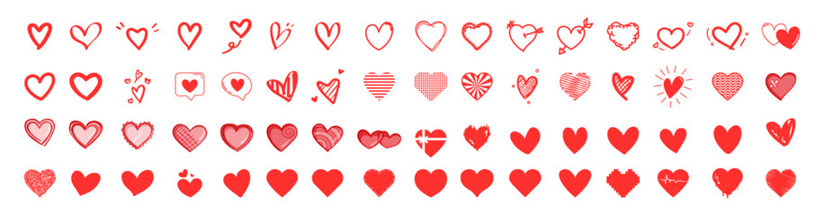 Red heart icons big set vector. Design red heart shapes icons set on the transparent background
