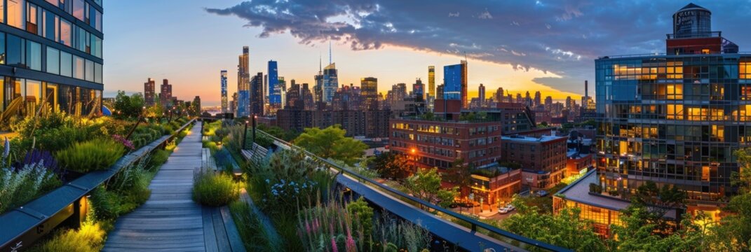 Highline Twilight Panoramic View of Illuminated City Skyline with High-rises and Modern