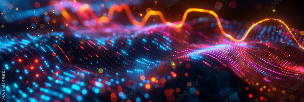 Poster vivid glowing digital wave made of particles, representing data flow, networking and connectivity in