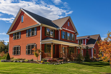 A warm cinnamon red house with siding, on a large lot in a peaceful suburban setting, featuring traditional windows and shutters, under a sunny blue sky.