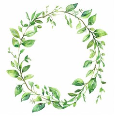 Watercolor Oval Wreath with Greenery Leaves and Branch Twig - Botanical Decorative Illustration