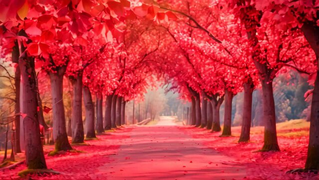 A scenic road winds its way through a tree-lined landscape adorned with vibrant red fall foliage, Valentine&acirc;&euro;&trade;s Day lovers&acirc;&euro;&trade; lane with heart-shaped trees lining the path