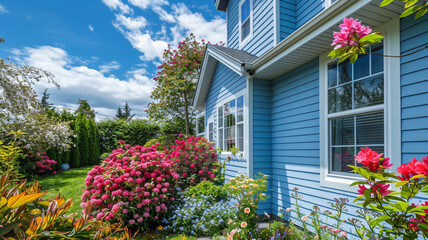 Broad view across a blooming front garden of a sky blue house with siding, enhancing the beauty and tranquility of suburban living, under a sunny sky.