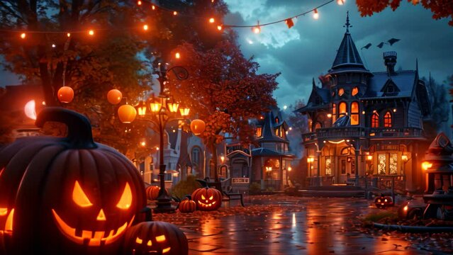 A festive Halloween scene featuring multiple pumpkins adorned with lights and surrounded by decorative string lights, Victorian era town square lit by pumpkin lanterns