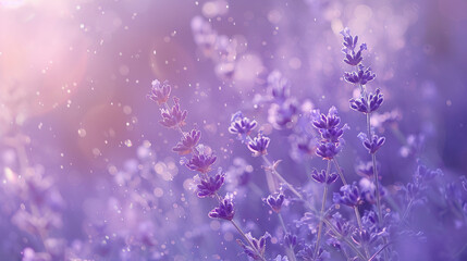 Soothing lavender particles swirling gently in a serene, blurred background, inducing a feeling of relaxation and calm.