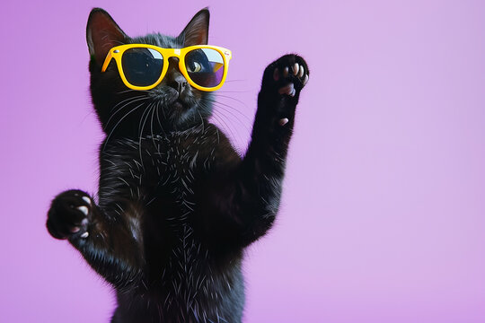 Playful Black Cat with Yellow Glasses on Purple Studio Background