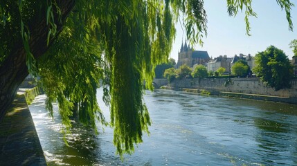 Beautiful River Sarthe and Quay with Stunning Willow Trees and Cathedral - obrazy, fototapety, plakaty