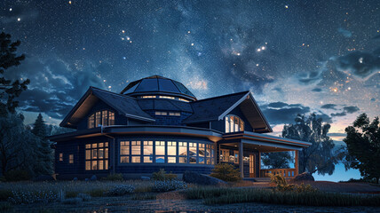 Corner perspective of a deep sapphire blue craftsman cottage with a futuristic geodesic dome roof, under the vast expanse of a starry night sky, 