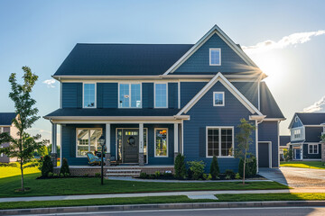 Direct frontal view of a striking midnight blue house with siding, emphasizing its curb appeal in a suburban neighborhood, under a sunny sky.