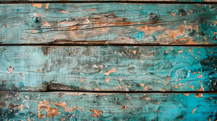 Aged wooden boards with chipped turquoise paint, ideal for creating rustic backdrops - obrazy, fototapety, plakaty
