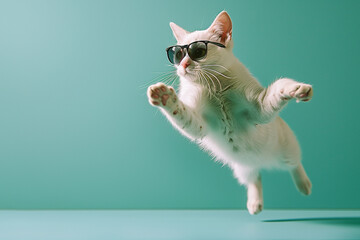 Playful White Fluffy Cat with Black Glasses on Turquoise Studio Background