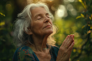 Meditation in the Jungle: Elderly Woman with Grey Hair Meditating in Nature