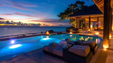 Evening view of a luxurious beach villa with ambient underwater lighting in the pool, creating a serene and inviting atmosphere.