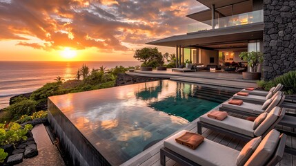Architect's dream, luxurious beachfront villa with seamless indoor-outdoor flow, sunset views