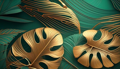 Floral Radiance: Gilded Philodendron on Emerald Canvas - obrazy, fototapety, plakaty