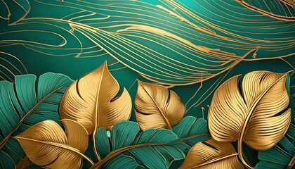 Golden Oasis: Nature's Symphony in Art Deco Design - obrazy, fototapety, plakaty