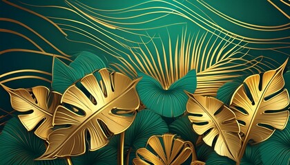 Art Deco Splendor: Golden Flora Amidst Emerald Hues - obrazy, fototapety, plakaty