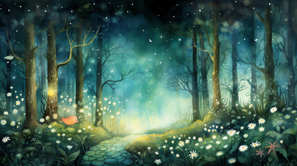 Compose a whimsical watercolor illustration of a forest filled with fairy tale creatures hidden among the trees