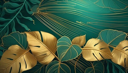 Golden Elegance: Art Deco Wallpaper with Nature Flourish - obrazy, fototapety, plakaty