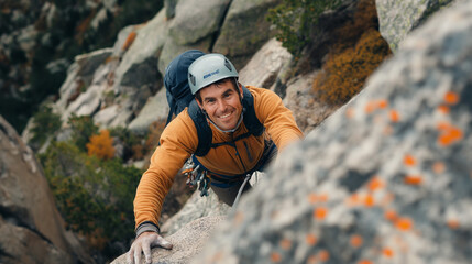 Mountain Climbing: Cheerful Caucasian Male Scaling a Mountain Side, wearing a helmet and a backpack. 