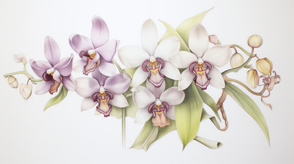 Create a detailed botanical drawing of a rare orchid, highlighting its unique structure and coloration - obrazy, fototapety, plakaty