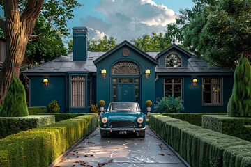 Full front view of a classic house in deep teal, with a vintage car in the driveway and a neatly trimmed box hedge.