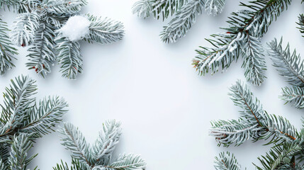 Snow-dusted fir branches creating a natural frame on a white backdrop, perfect for seasonal designs