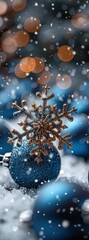 Fototapeta premium Enchanting Winter Wonderland with Christmas Decorations and Sparkling Snowflakes，Winter snow background with Christmas toys, snowdrifts, beautiful lights and snowflakes on night blue sky, banner forma