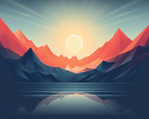 Illustrate a geometric landscape scene, where natural elements like mountains and rivers are simplified into angular forms