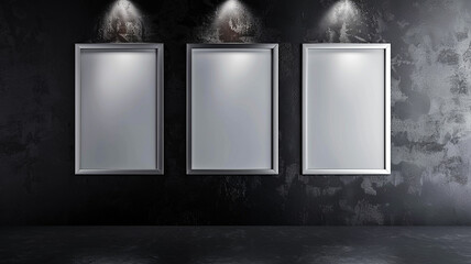 Gallery with three sleek silver frames on a matte black wall, designed for a sophisticated and...