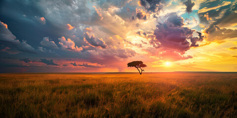 A solitary tree stands in a field during sunset, creating a serene and picturesque scene.