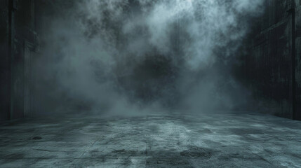 Moody, atmospheric shot of fog rolling through an empty, dark alley with industrial walls