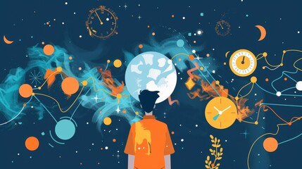 illustration of young man watching the sky.
There are stars, planets and clocks in the sky.
space...