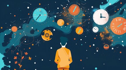 illustration of young man watching the sky.
There are stars, planets and clocks in the sky.
space time relationship, infinity of straw and space
