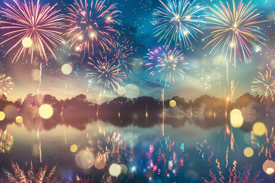 A breathtaking tableau of colorful fireworks bursting in a clear night sky, their reflections shimmering over a tranquil lake, with a gentle bokeh effect adding depth and mystique to the scene.