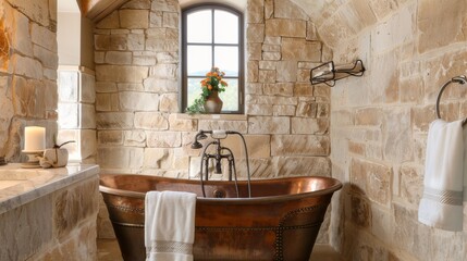 Elegant bathroom with vintage copper bathtub and natural stone walls