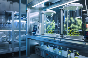 a biotech research lab studying the effects of microgravity on bacteria, with space simulation...