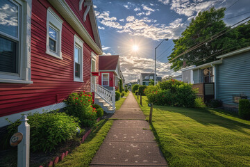 Fototapeta na wymiar Looking down the sidewalk leading to a radiant ruby house with siding, its path lined with suburban greenery, under a brilliant sky.