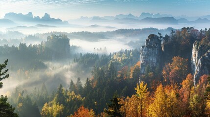 A panoramic view of mist-covered mountains and dense forests, creating an ethereal atmosphere in the autumn landscape.